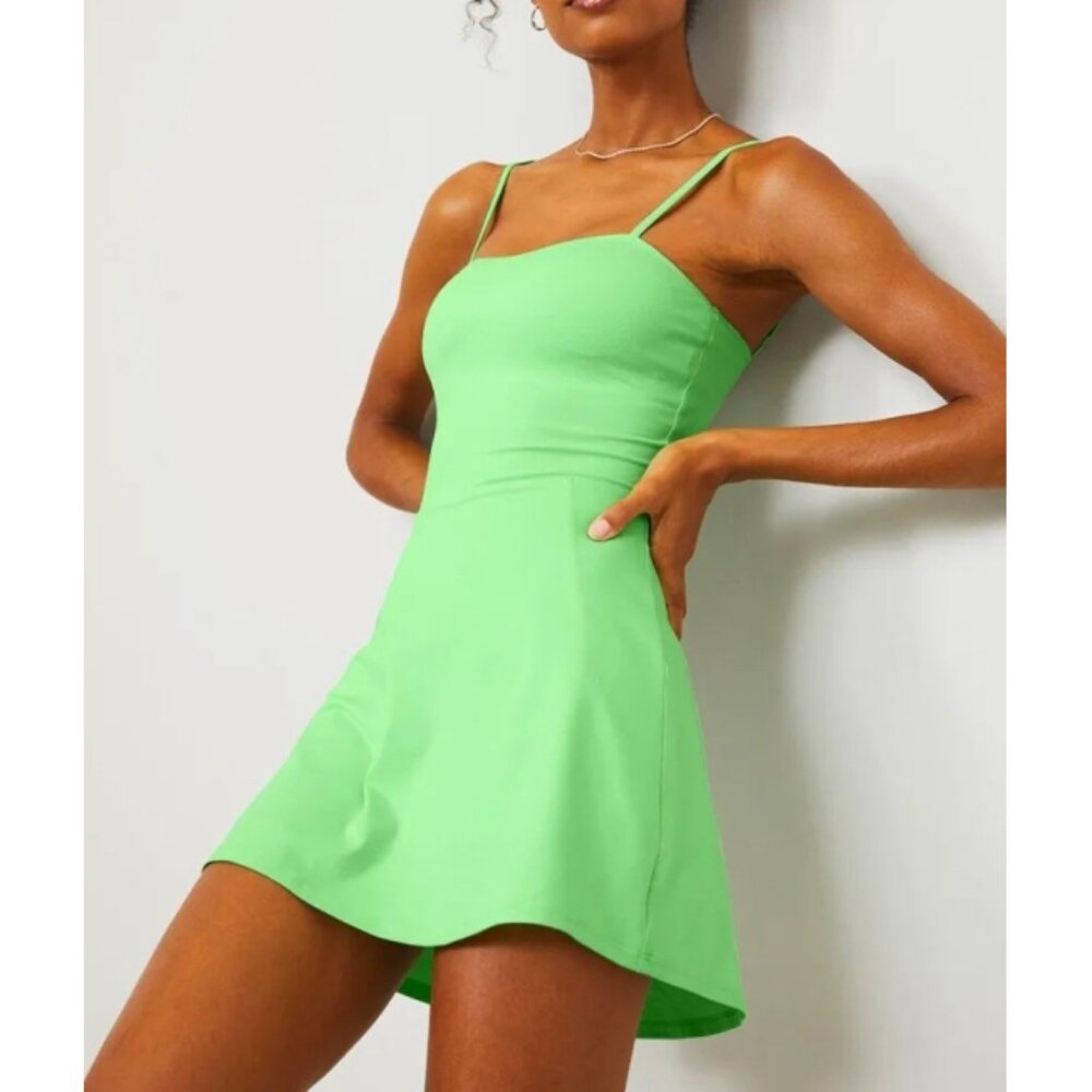 Alo Courtside Tennis Dress Ultramint Neon Green A-Line Skater Romper Skort Mini